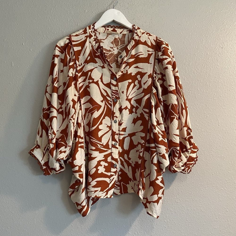 Entro Floral 3/4 Balloon Sleeve Button Down Blouse Rust Ivory Small Boutique - Picture 5 of 12